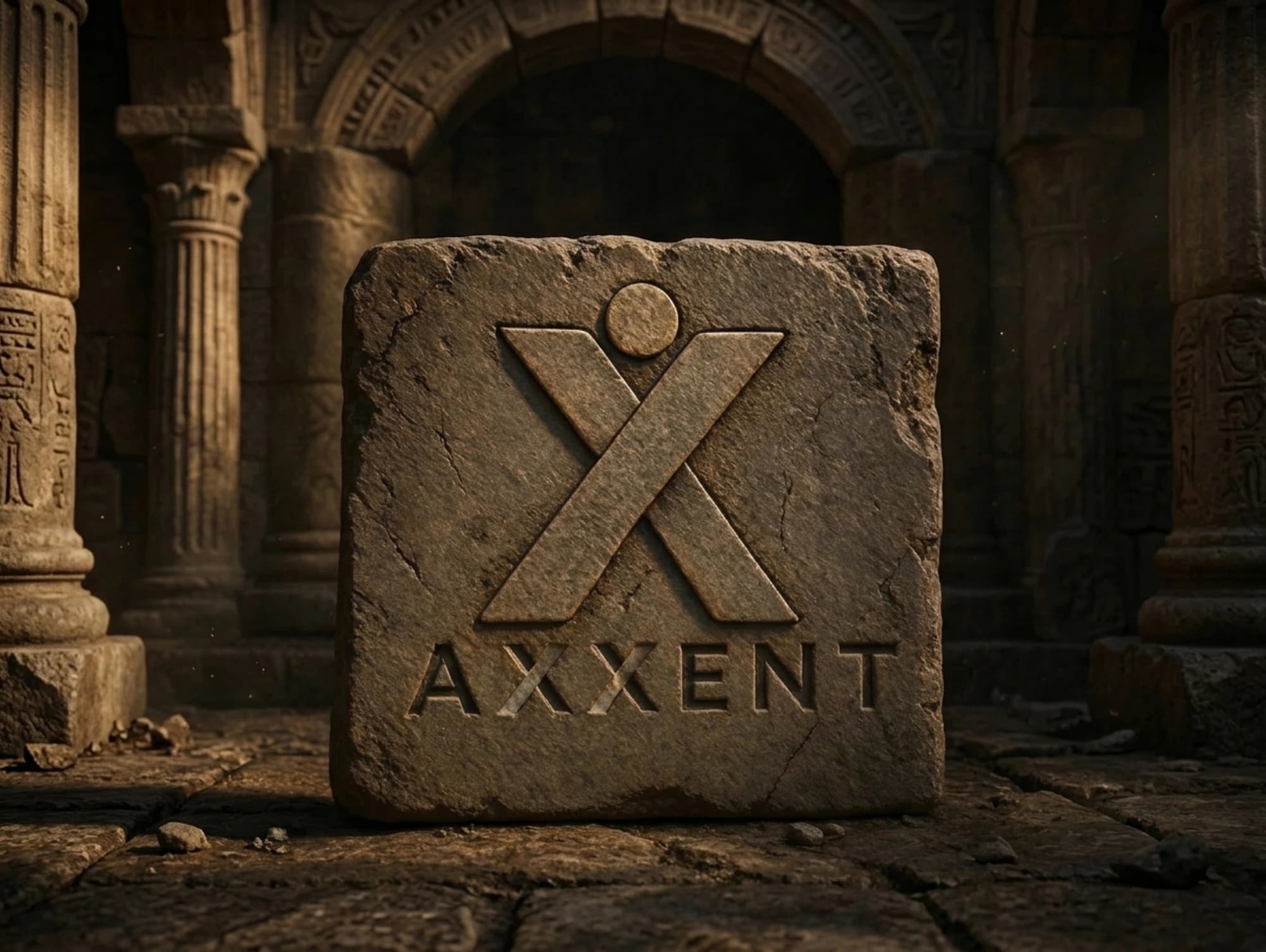 Carved stone-finish monument block with a raised Axxent emblem and recessed lettering.