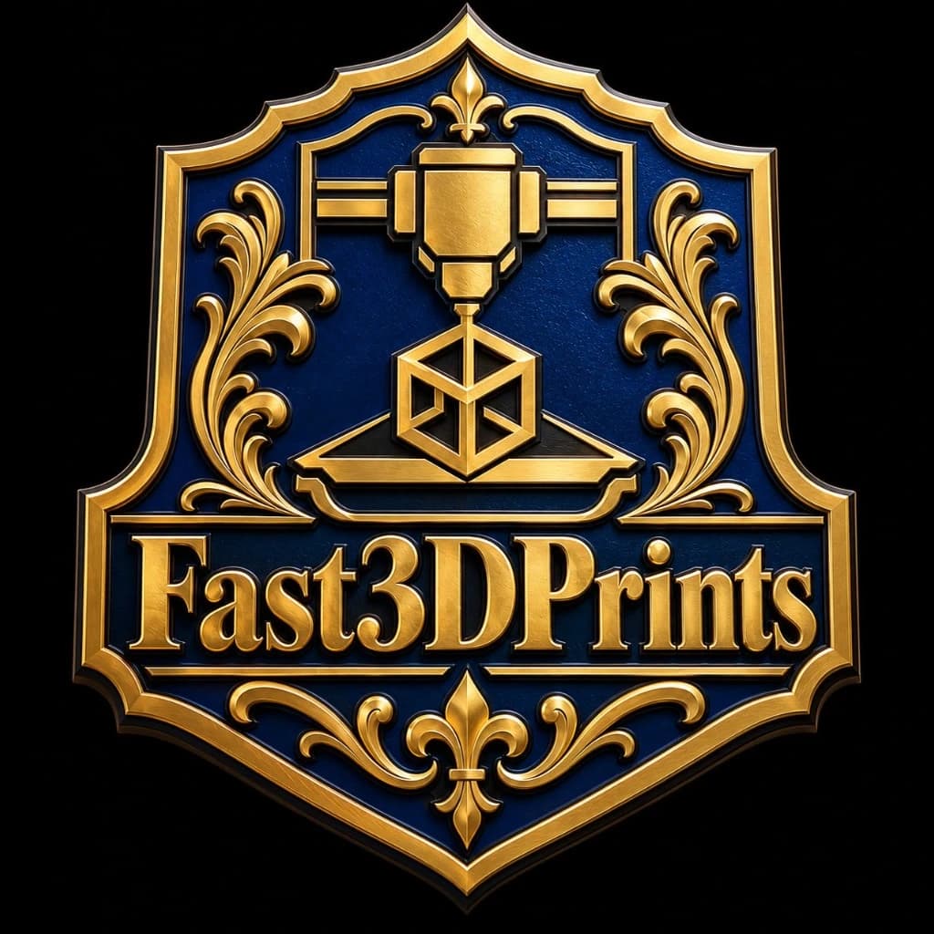 Ornate 3D Fast3DPrints shield crest with raised metallic gold scrollwork and a royal blue field.