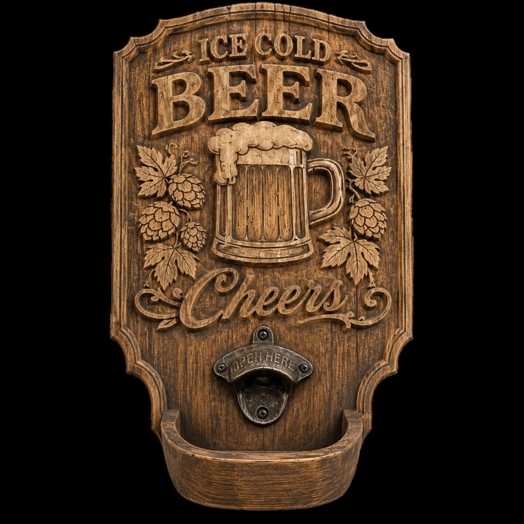 3D CNC-carved solid hardwood Ice Cold Beer pub sign with raised lettering and a cap catcher.