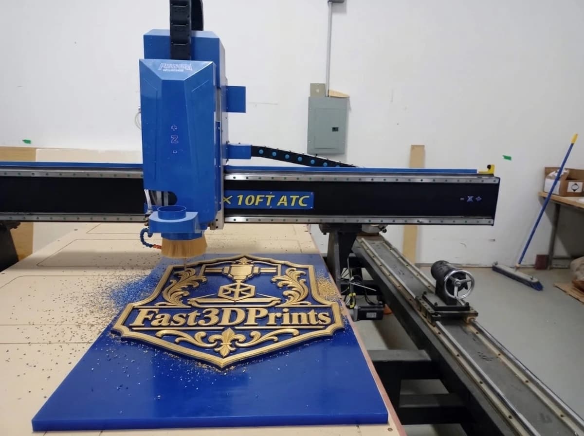 The Fast3DPrints shield crest being 3D relief-carved out of a royal blue and gold epoxy slab on our Phantom 10FT ATC CNC router.