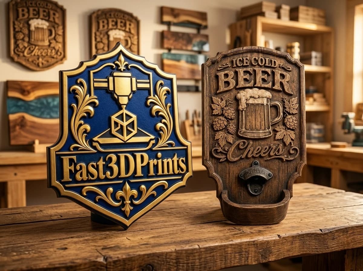 Custom 3D Fast3DPrints metallic gold and blue epoxy crest sign alongside a 3D CNC-carved solid hardwood Ice Cold Beer pub sign on a studio workbench, with additional wood and resin signs in the background.