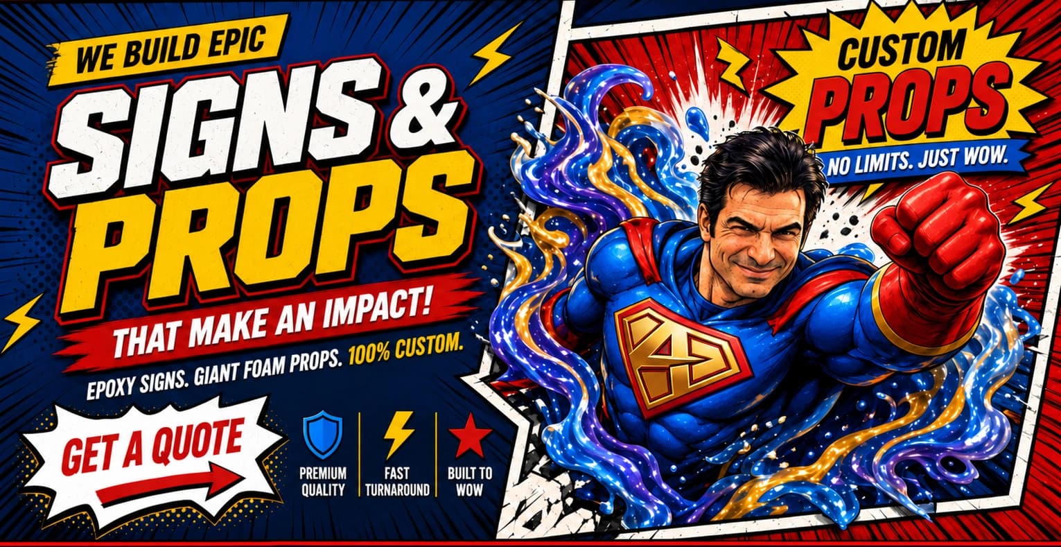 Blue-suited comic hero bursting forward through swirling blue, purple and gold resin.
